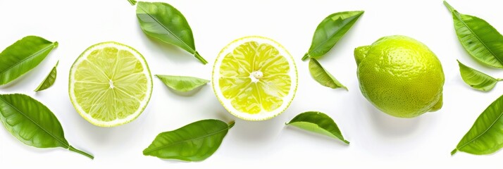 Fresh and Vibrant Lime Slices and Leaves - A Citrus Fruit Arrangement with Green Limes on White Background, Perfect for Tropical and Healthy Citrus Themes