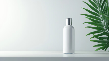 A clear mockup of an empty facial cleanser bottle centered on a modern table, with a spotless white background that emphasizes the bottleÃ¢ÂÂs shape and brand potential.