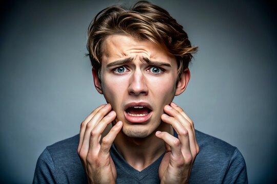 A frustrated young adult struggles to express themselves, lips trembling, eyes cast downward, fingers clenched, as they