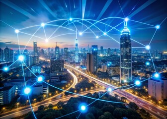 Obraz premium A futuristic digital roadmap with glowing blue lines and icons floats above a cityscape at dusk, symbolizing innovation