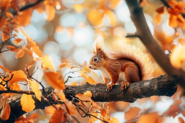 cute portrait with beautiful fluffy red squirrel sitting in autumn Park on a tree oak with bright Golden foliage