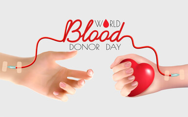 Hands of blood donor and recipient. Banner for World Blood Donor Day celebration on June 14, social media post about blood transfusion from one hand to another. Vector
