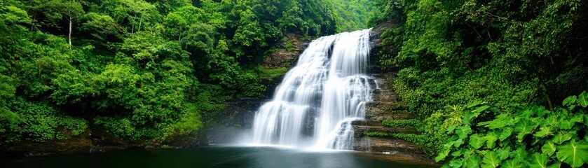 Obraz premium A hidden waterfall deep in a jungle, surrounded by unusual flora, untouched paradise, nature, secret habitat