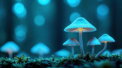 Fototapeta premium Enchanted forest with glowing mushrooms and ethereal light, otherworldly feel, nature, mysterious ecosystem