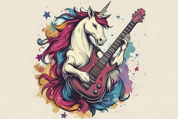 Majestic Unicorn Playing Guitar - Detailed Vector Illustration for T-shirt Printing
