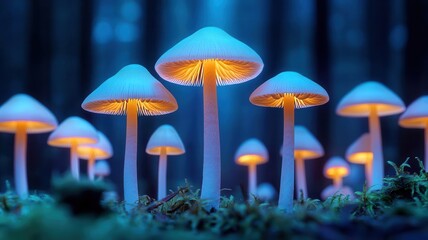 Fototapeta premium Enchanted forest with glowing mushrooms and ethereal light, otherworldly feel, nature, mysterious ecosystem
