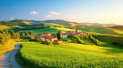 Obraz premium Serene rural village nestled in rolling hills, peaceful landscape, timeless tranquility