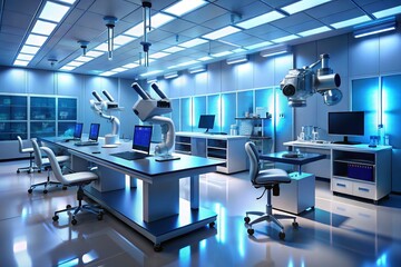 A futuristic medical laboratory with sleek computers, microscopes, and robotic arms, surrounded by various medical and