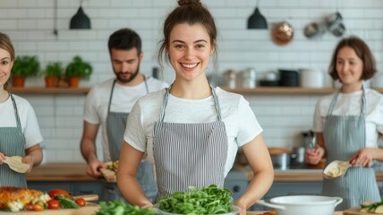 Friends preparing Thanksgiving dishes together in a kitchen, with everyone contributing their favorite recipes, Friendsgiving, collaborative cooking