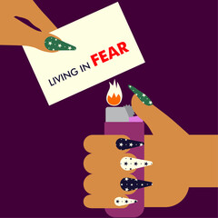 Vector Illustration of a Woman's Hand with Polished Nails Burning 'Living in Fear' Paper