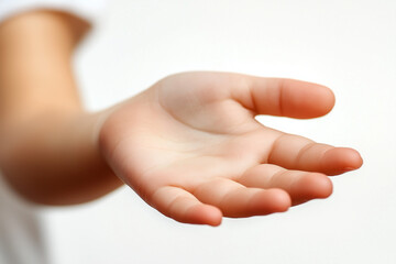 child's open hand reaching out against white background