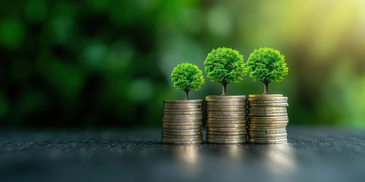 Small trees growing on stacks of coins, symbolizing financial growth, investment, and sustainability with nature in the background.