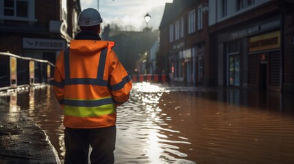 Council worker in high visible vest checks bad quality of roads. Neural network ai generated art