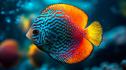 A colorful discus fish with blue, red, and yellow scales swims through an aquarium.