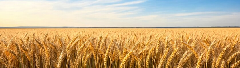 Naklejka premium Wheat fields bending in the breeze, distant horizon, peaceful rural scene