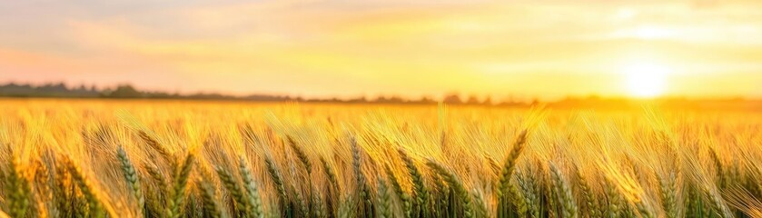 Obraz premium Wheat fields rippling in the wind, soft horizon glow, serene farming atmosphere
