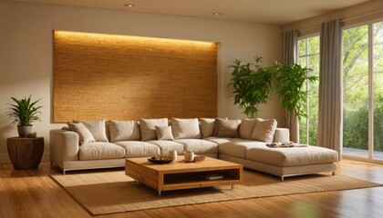 A sustainable minimalist living room with reclaimed wood flooring