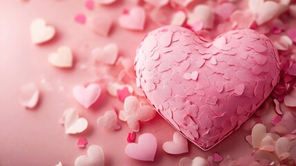 Obraz premium A soft pink heart surrounded by smaller hearts on a pink background, creating a romantic atmosphere.