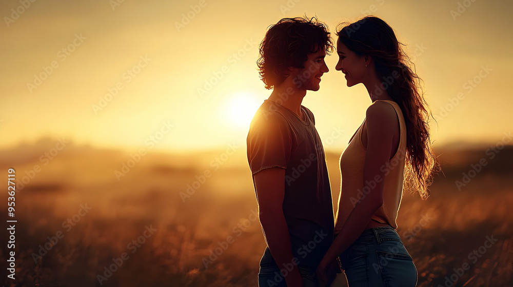 Wall mural A couple in love, standing in a field, gazing into each other's eyes, during a golden sunset.