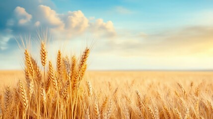 Naklejka premium Golden wheat in motion, gentle wind, horizon stretching far beyond