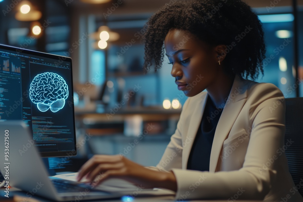 Aufkleber An innovative and driven businesswoman is engaged in the analysis of intricate brain data within a modern and dynamic workspace, showcasing her commitment to integrating technology and neuroscience