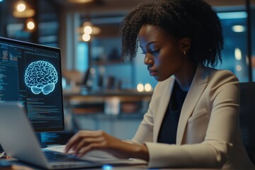 An innovative and driven businesswoman is engaged in the analysis of intricate brain data within a modern and dynamic workspace, showcasing her commitment to integrating technology and neuroscience