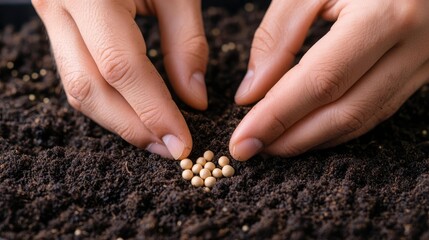 Hands gently placing seeds in soil, close-up view, start of new life