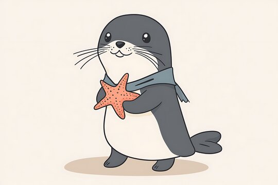 recommend clip art: Charming Seal in Sailor Suit Holding Starfish - Minimalistic Black and White Line Art with Flat Colors