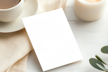 Minimalist flat lay featuring a blank card, coffee cup, candle, and plant on a serene background for creative use.