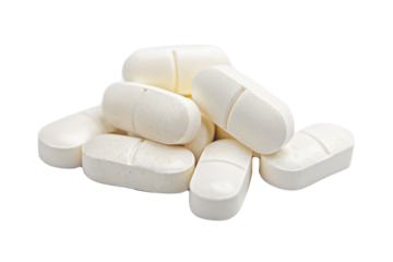 A close-up view of white pills stacked together, showcasing their smooth surfaces and oval shapes, ideal for health and wellness themes. isolated on a white background, transparent background.