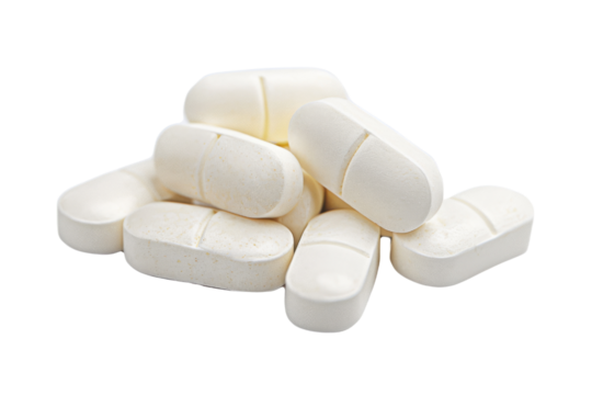 A close-up view of white pills stacked together, showcasing their smooth surfaces and oval shapes, ideal for health and wellness themes. isolated on a white background, transparent background.