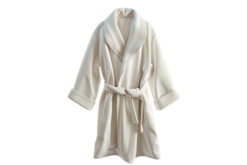 A cozy white robe, perfect for relaxing at home or post-bath comfort. Ideal for wellness and self-care themes. isolated on a white background, transparent background.
