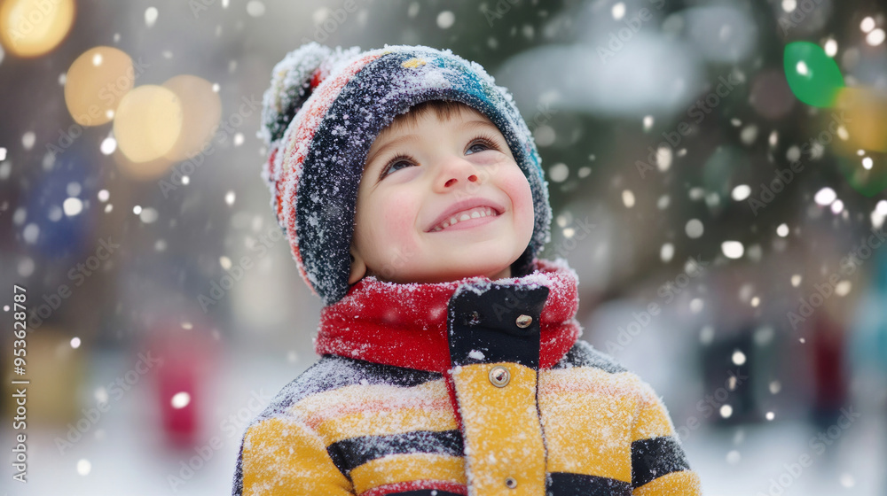 Wall mural A cheerful child in a colorful jacket enjoys snowfall while looking up at the falling snowflakes during a winter day in the park