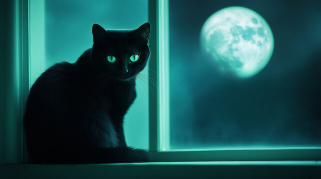 A black cat with glowing green eyes, sitting on a windowsill with a full moon in the background.