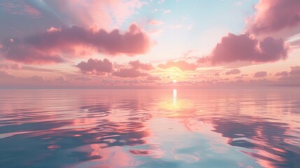 A breathtaking sunrise over a calm ocean, with pastel-hued clouds reflecting in the water.