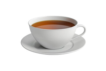 A minimalist white cup filled with tea, elegantly placed on a matching saucer, perfect for a cozy moment. isolated on a white background, transparent background.