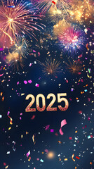 A glittering new year's banner with the text 2025 surrounded by colorful fireworks and confetti creating a festive atmosphere for celebration