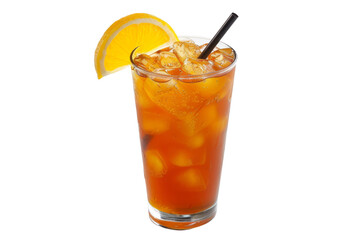 A refreshing iced tea in a tall glass, garnished with an orange slice and ice cubes, perfect for summer days. isolated on a white background, transparent background.