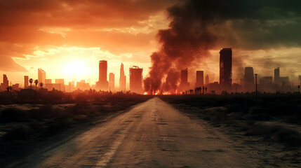 A desolate, dusty road leads towards a burning city skyline under an ominous, red sky.