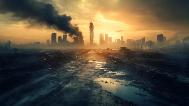 A desolate road leads towards a city skyline with smoke and haze in the air.