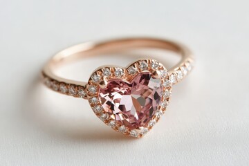 A heart-shaped ring with a pink gemstone and surrounding diamonds, designed for elegance.