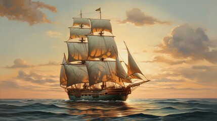 Obraz premium A classic oil painting of a majestic schooner ship gracefully sailing through the neck of a glass bottle, reminiscent of Dutch Golden Age masterpieces