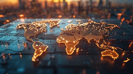 A Stunning Abstract Representation of Global Economic Policy Impact Through a Glowing World Map and Electronic Background in Transition