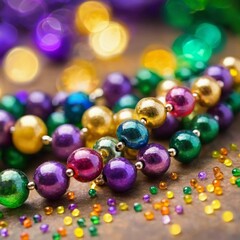 Celebrate Mardi Gras with vibrant colorful beads and a festive bokeh background, capturing the lively spirit of the celebration during this annual New Orleans event. Generative AI