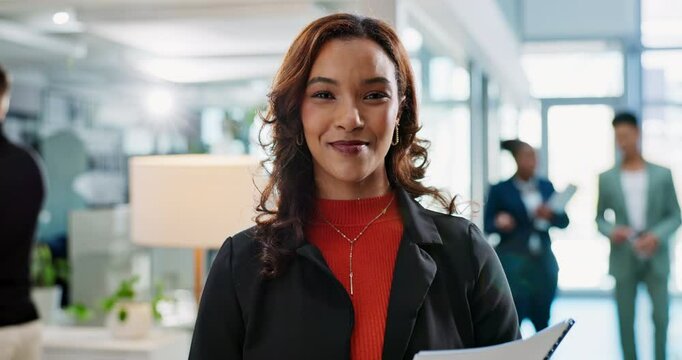 Woman, smile and face in business with paper, professional and career growth in news agency. Journalist, portrait and proposal in office lobby for story update, findings and pride for occupation