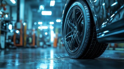 Fototapeta premium Detailed close-up of a car tire in a modern automotive workshop, highlighting vehicle maintenance and industry service concepts.