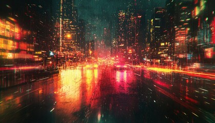 Fototapeta premium Nighttime Cityscape Reflected in Wet Pavement