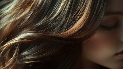 Fototapeta premium Close-up of a young woman with flowing, silky hair shining under soft light. The smooth texture and healthy sheen of her hair emphasize elegance and beauty.