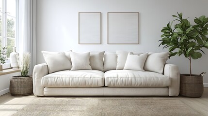 A white sofa with pillows and a plant in a wicker basket sits in front of a white wall with two empty picture frames. 