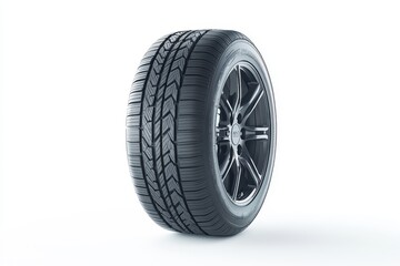 A modern car tire displayed upright, showcasing its tread and design.